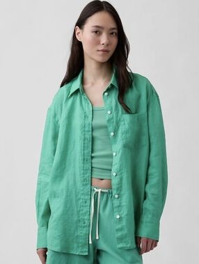 GAP Womens XL Tall Boyfriend Shirt 100% Linen Long Sleeve Button Down Oversized